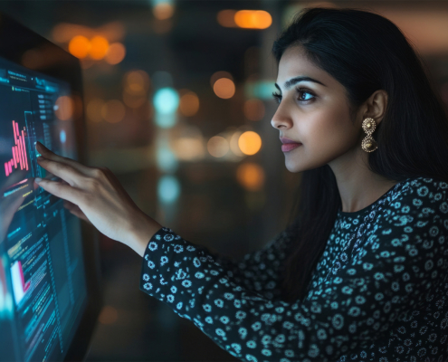 Professional businesswoman working on a touchscreen computer in a high-tech corporate office