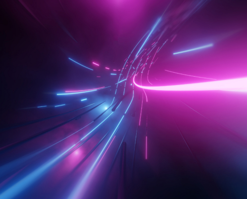 Abstract neon lights into digital technology tunnel